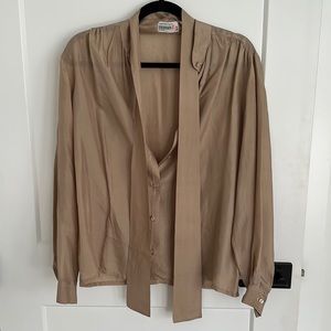Vintage Camel Silk Blouse Pussy Bow Style Size 6
